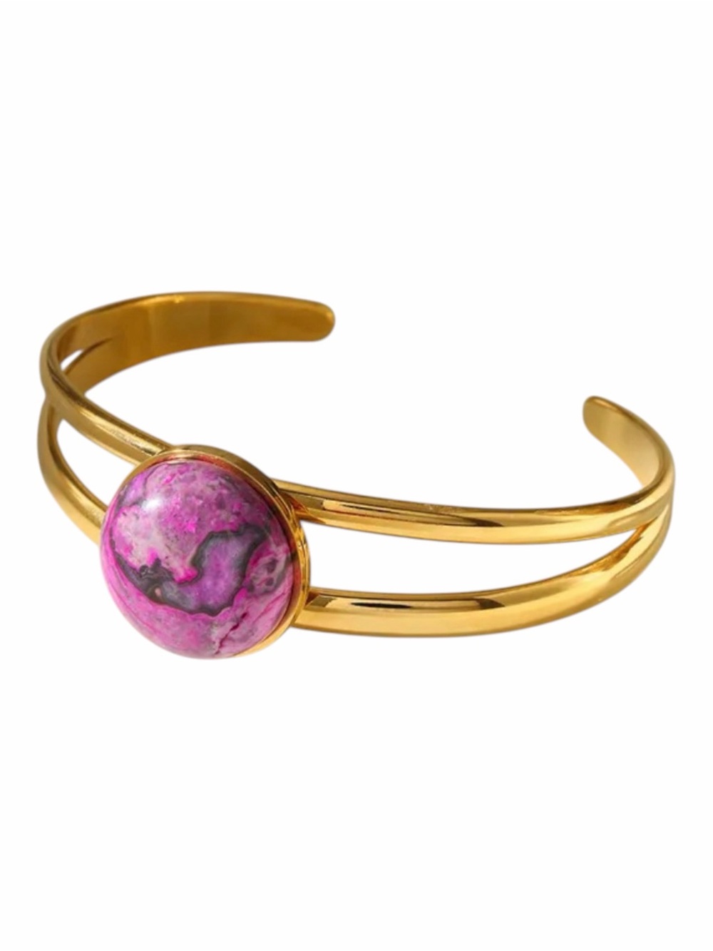 Double-Band Natural Stone Cuff Bracelet Gold Plated PVD Coated NWT